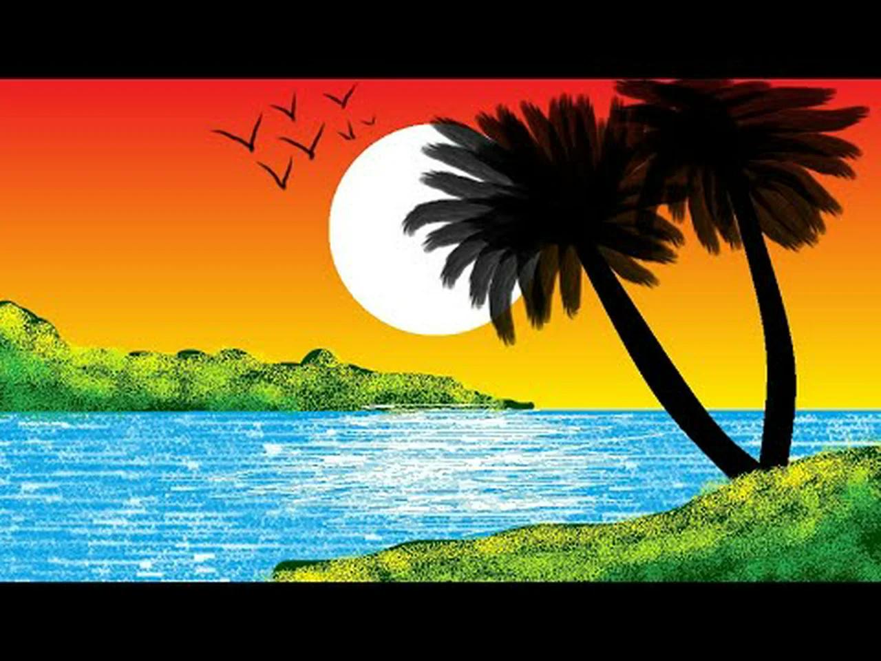 How to Draw Easy Scenery In MS Paint - Drawing Sunset Scenery Step by ...