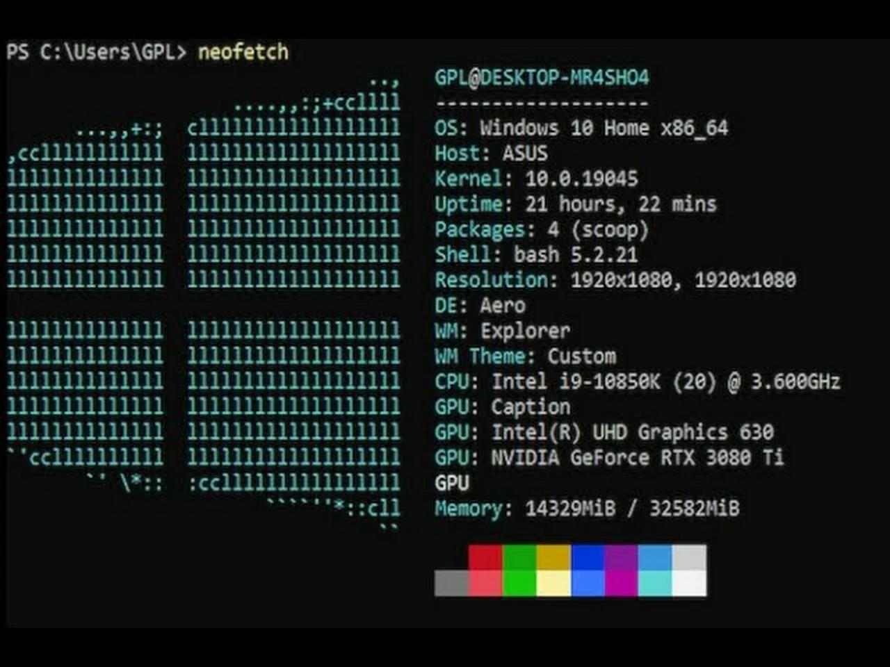 NEOFETCH in WINDOWS! [commands] #powershell #subtitles