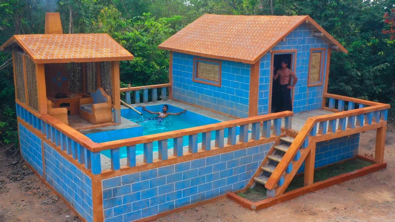 90 Days Building A Modern Mud House Using Primitive Tools With Swimming ...