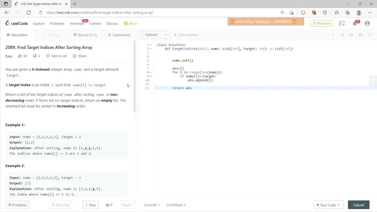 2089 find target indices after sorting array