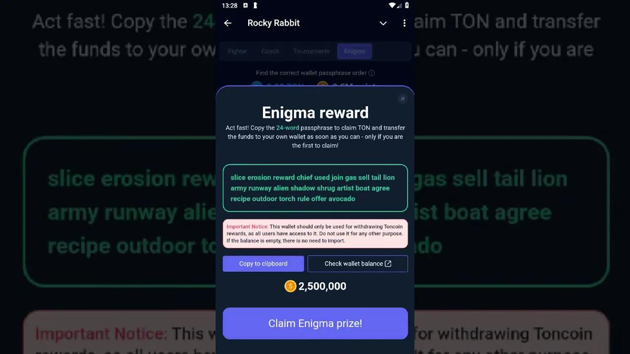 Rocky Rabbit Correct Enigma Passphrase 18 August