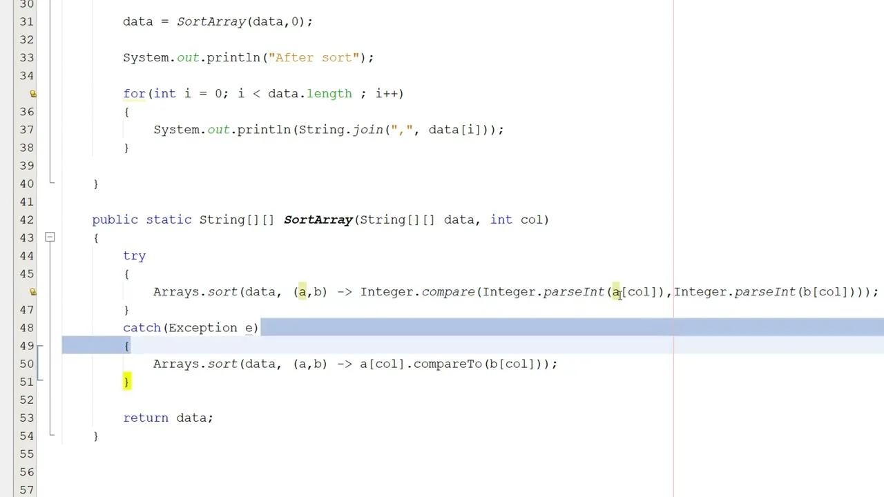 Sorting a 2D String Array By Column Using Java