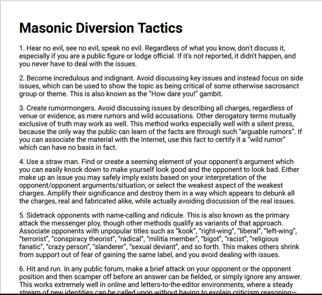Masonic Diversion Tactics