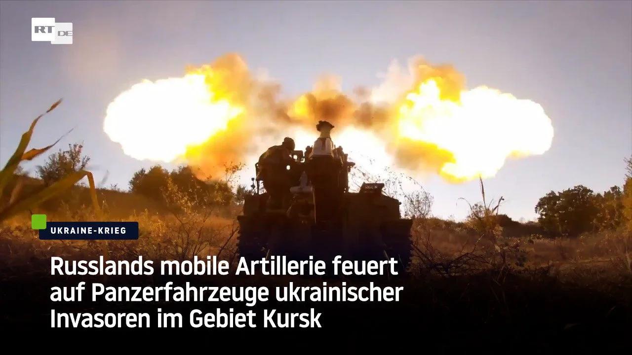 ⁣Russlands mobile Artillerie feuert auf Panzerfahrzeuge ukrainischer Invasoren im Gebiet Kursk