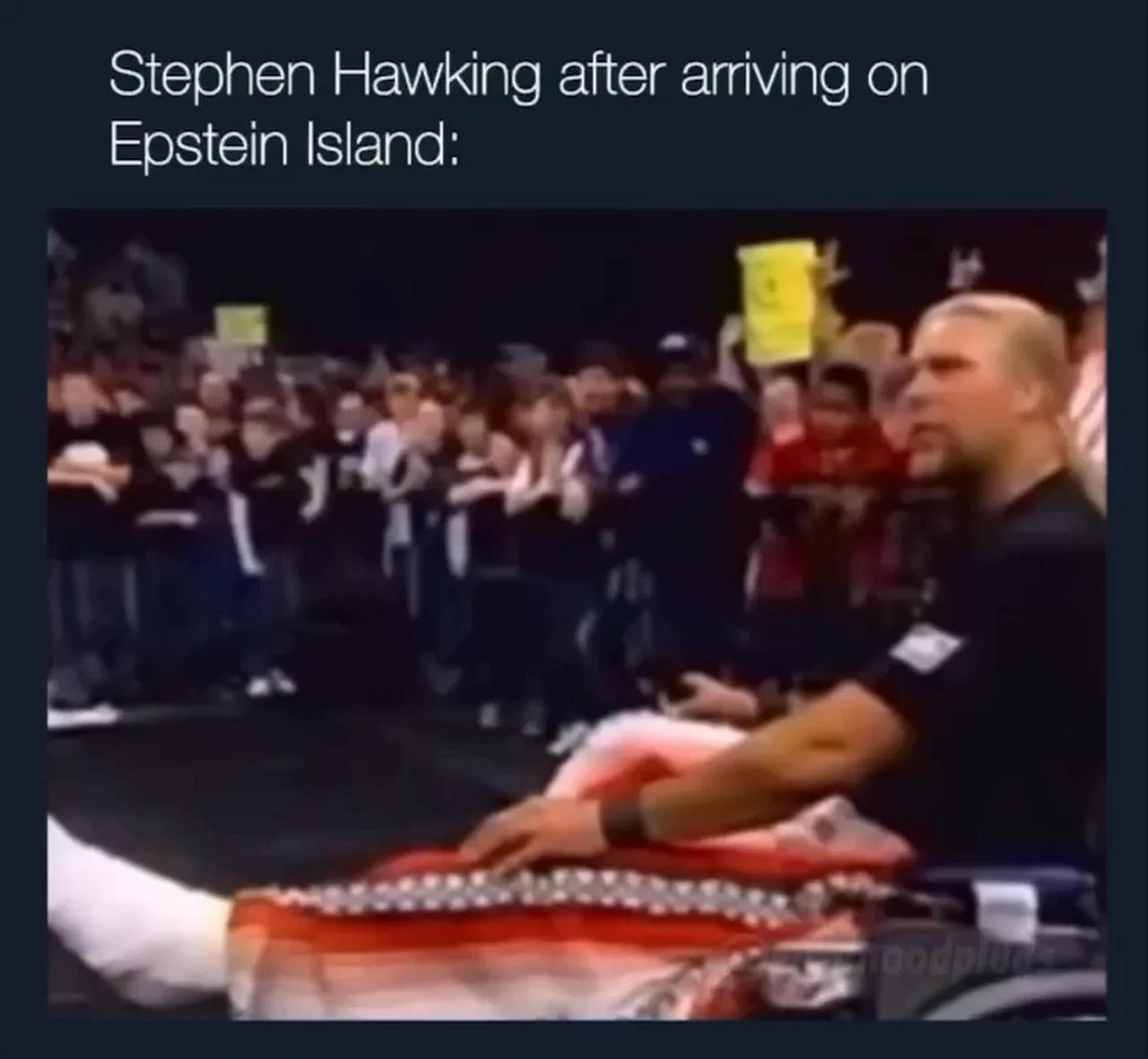 Stephen Hawking after appearing on Epstein Island