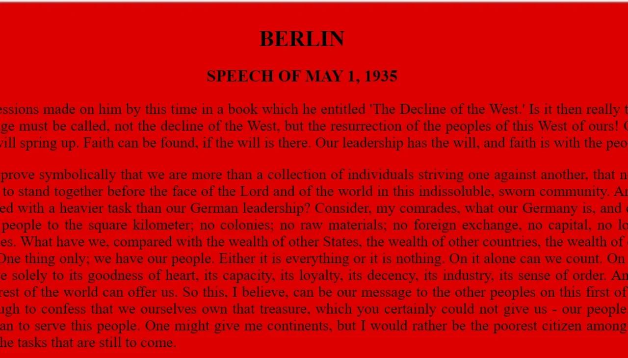 Adolf Hitler Berlin Speech 1st May 1935