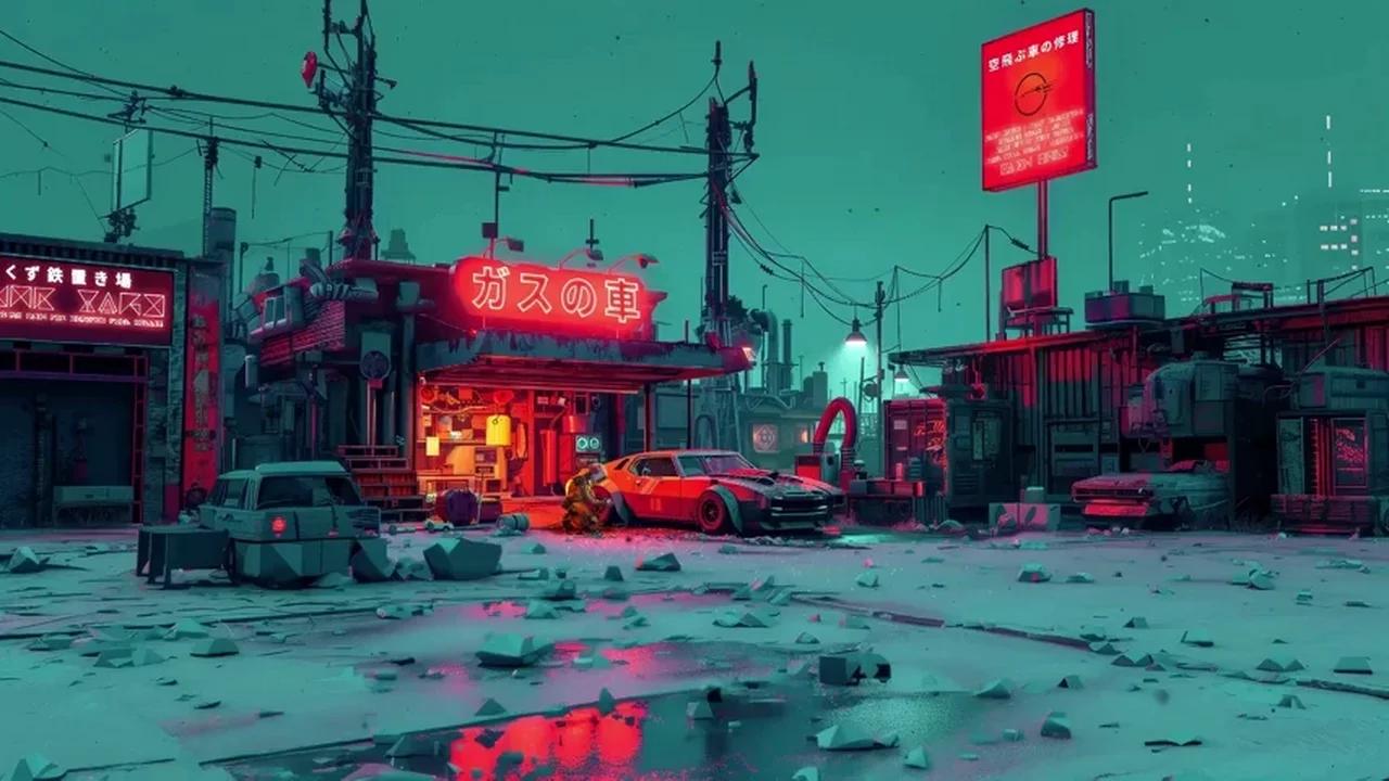 Fantasy Cyberpunk Car Repair Shop | Neon Lights - Live Wallpaper