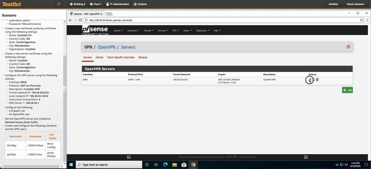 Testout Security Pro Labs 5 5 4 Configure A Remote Access Vpn