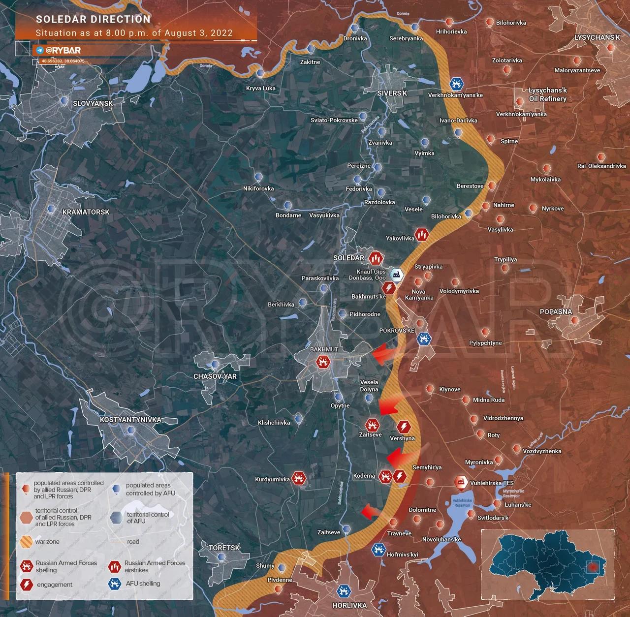 Situation in the Soledar direction as of 20:00 August 3, 2022.