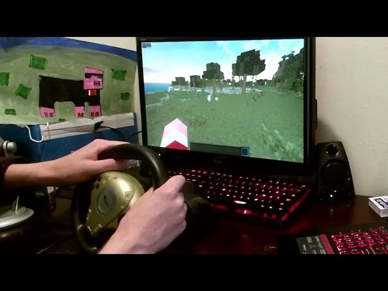 Beating minecraft with a steering wheel